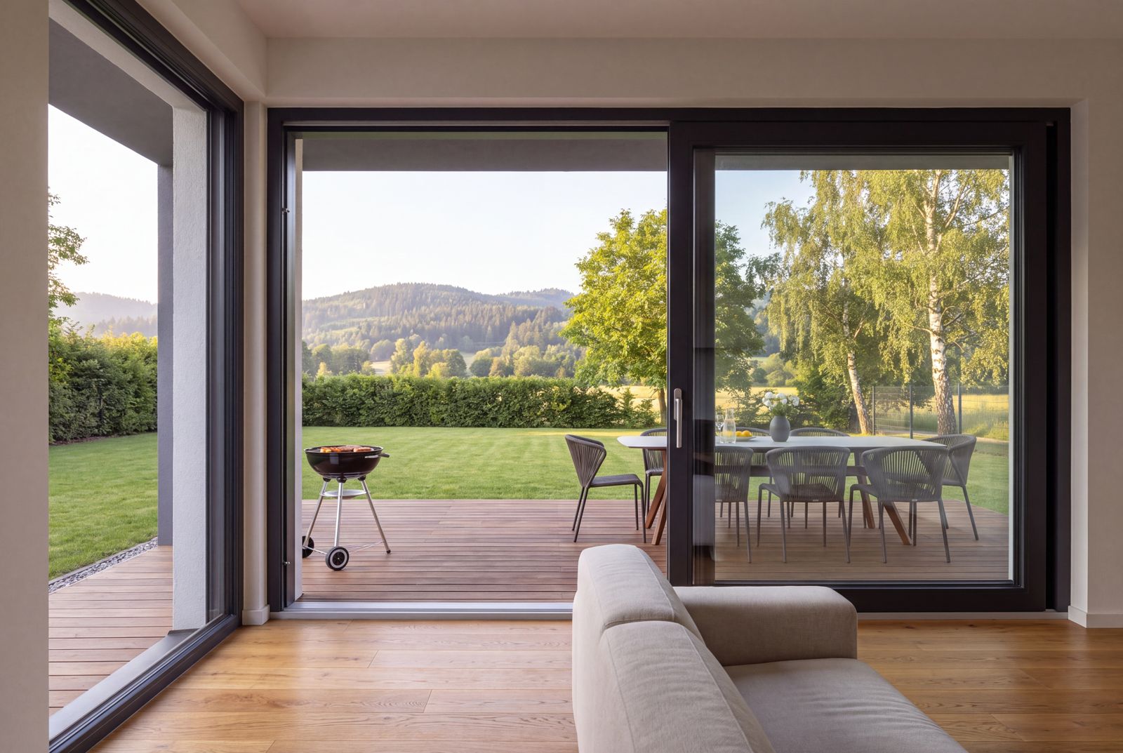Seven Nova Classic 2, Blick aus dem Wohnraum auf Terrasse und Garten