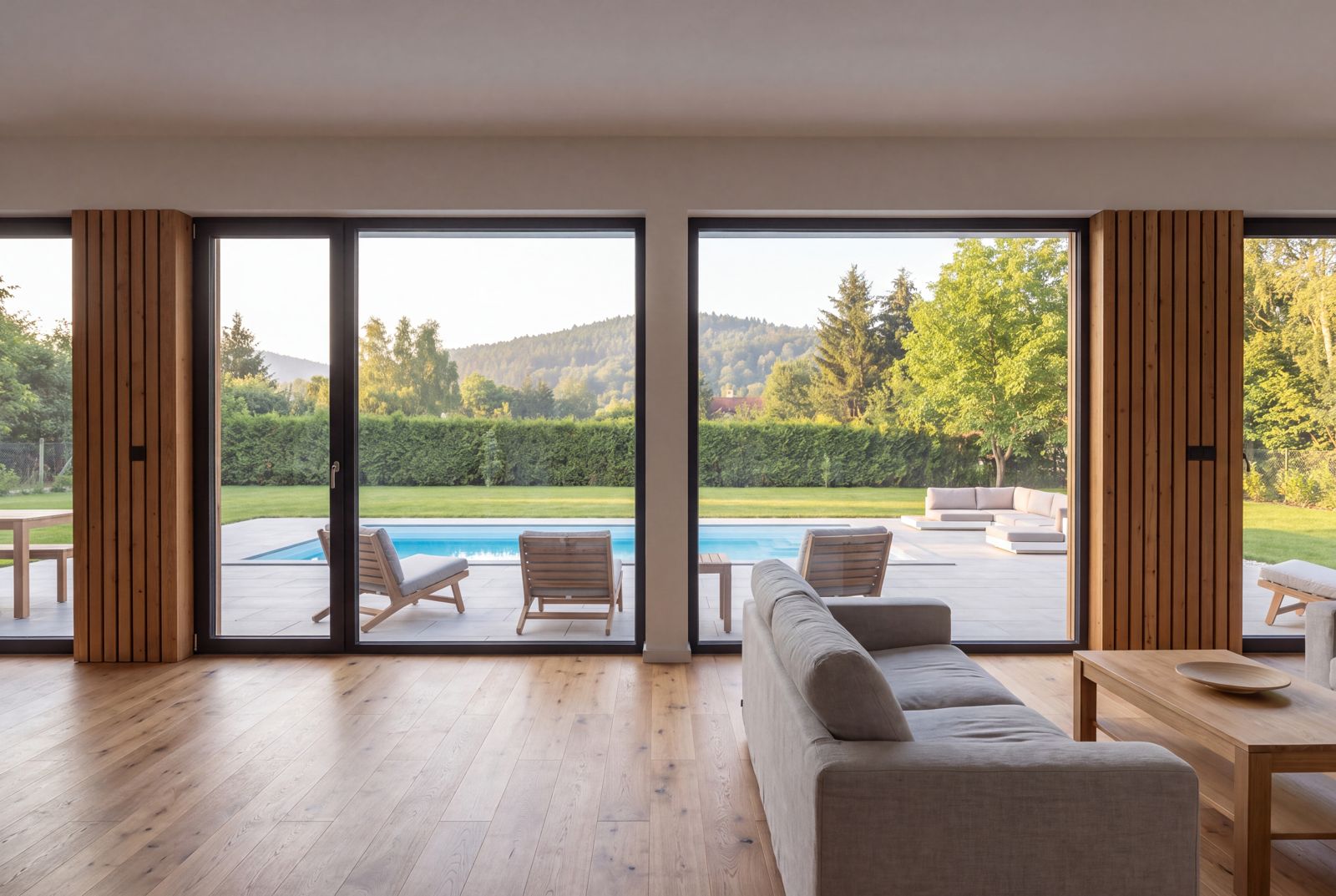 Seven Nova Element 4, Blick aus dem Wohnraum auf Terrasse und Garten