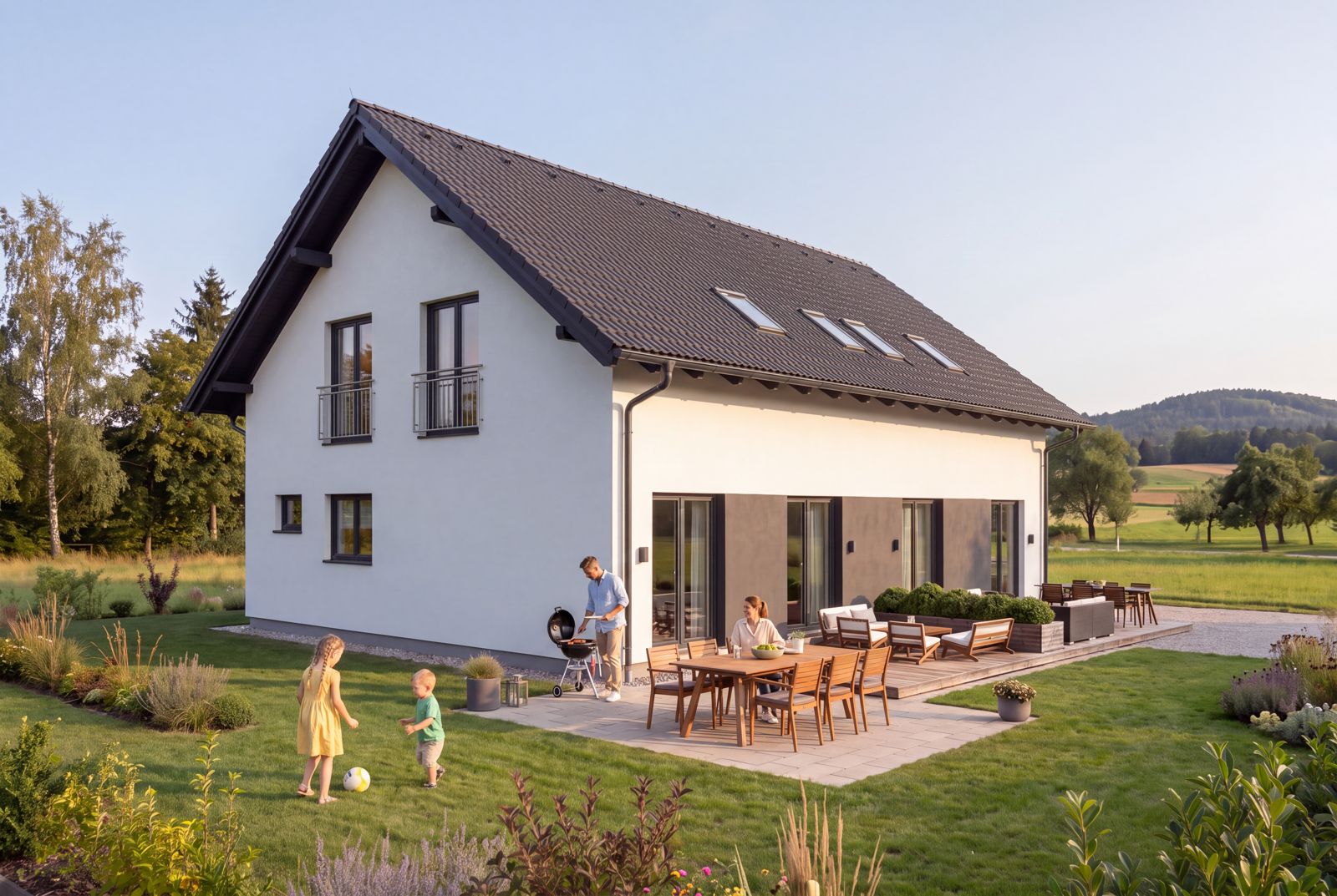 Seven Nova Classic 1, Gartenseite am späten Nachmittag, mit Familie im Garten