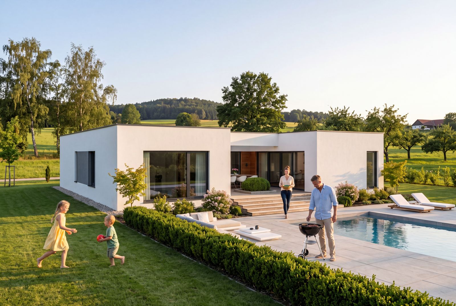 Seven Nova Signature 1, Gartenseite am späten Nachmittag, mit Familie im Garten