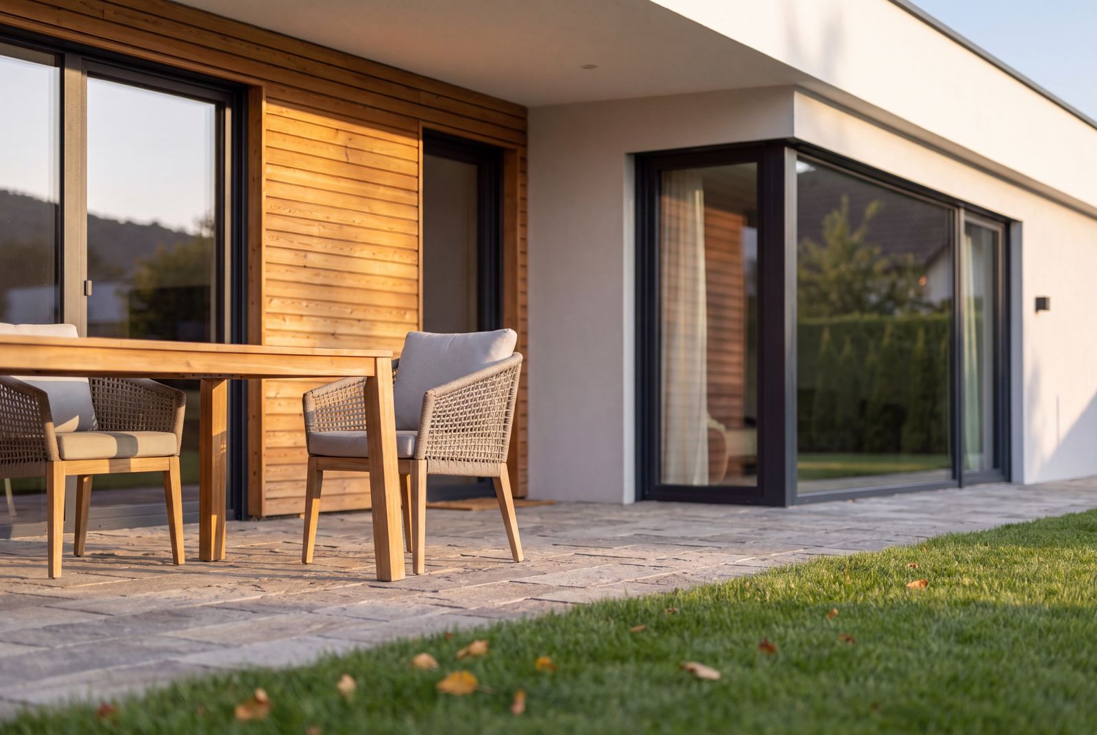 Seven Nova Element 3, Terrasse und Fassadendetail vom Garten aus