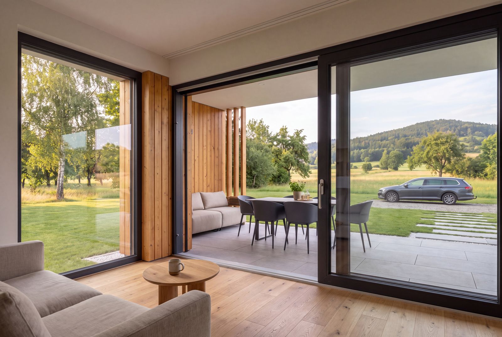 Seven Nova Element 2, Blick aus dem Wohnraum auf Terrasse und Garten
