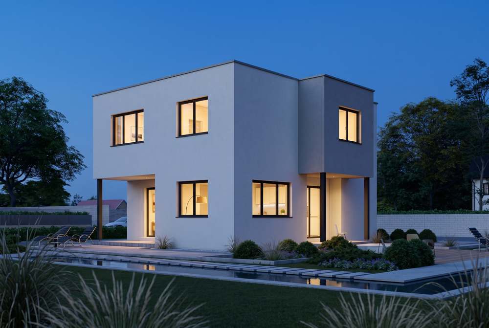 Haus mit Flachdach zur blauen Stunde