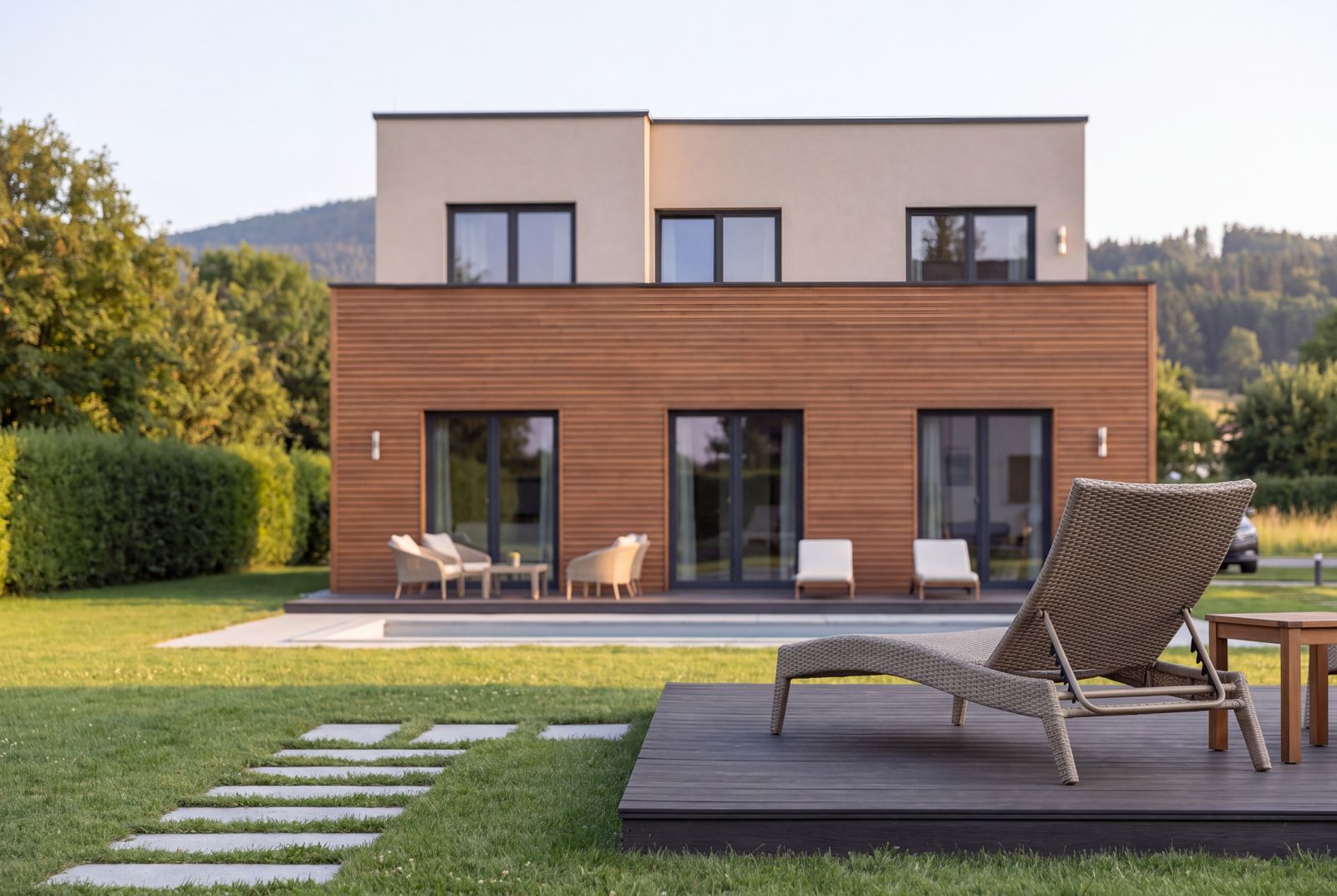 Seven Nova Element 1, Terrasse und Fassadendetail vom Garten aus
