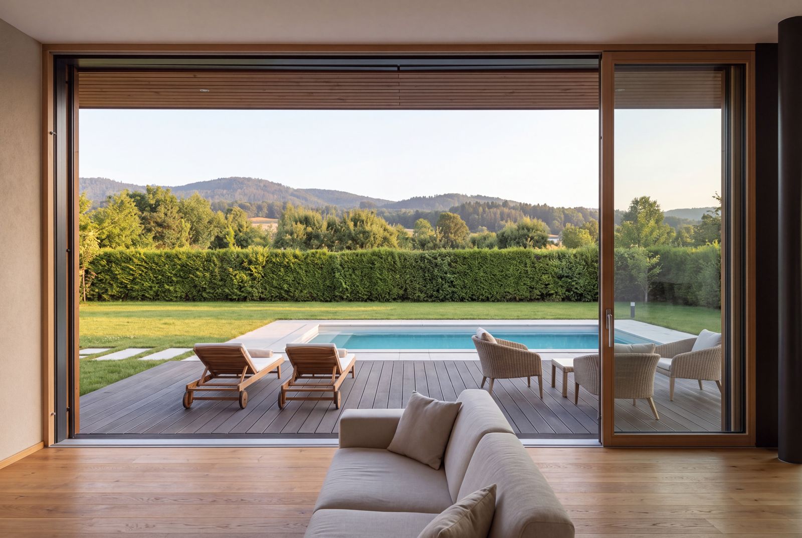 Seven Nova Element 1, Blick aus dem Wohnraum auf Terrasse und Garten