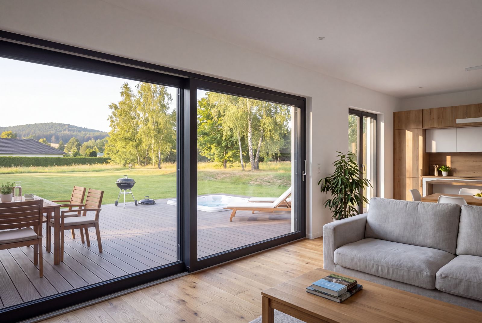 Seven Nova Element 5, Blick aus dem Wohnraum auf Terrasse und Garten