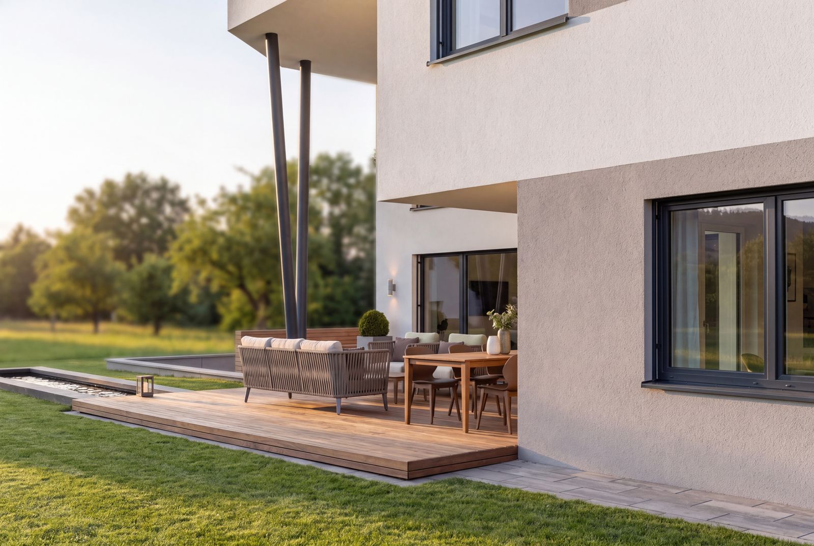 Seven Nova Signature 4, Terrasse und Fassadendetail vom Garten aus