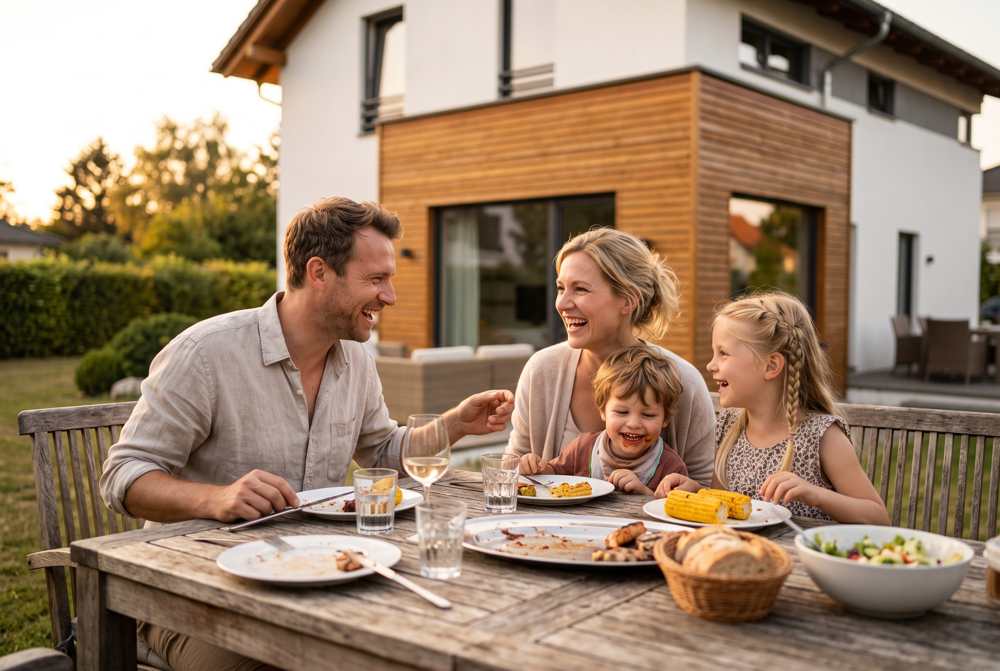 Familie am Esstisch in einem hellen Wohnraum, Abendlicht