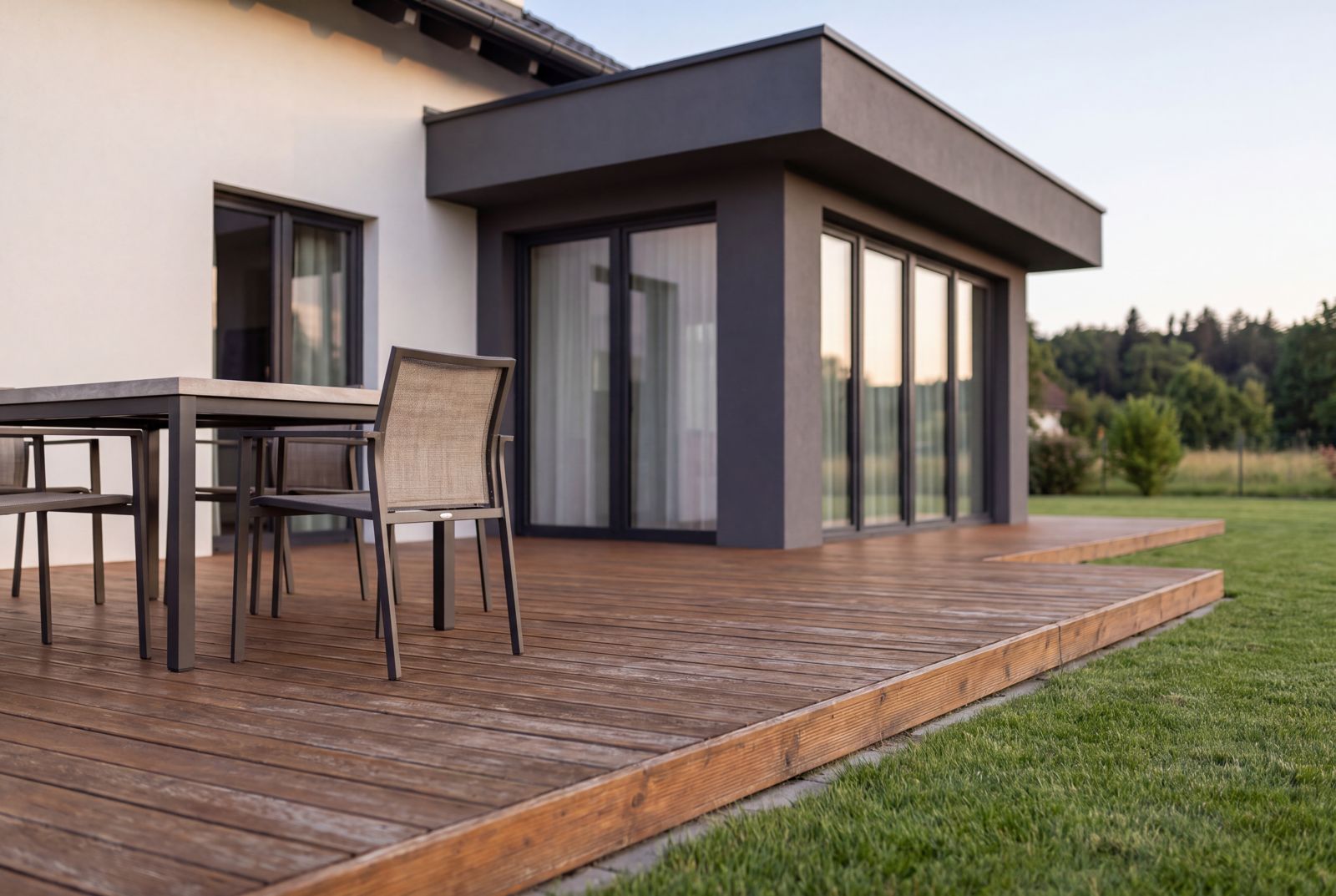 Seven Nova Classic 3, Terrasse und Fassadendetail vom Garten aus