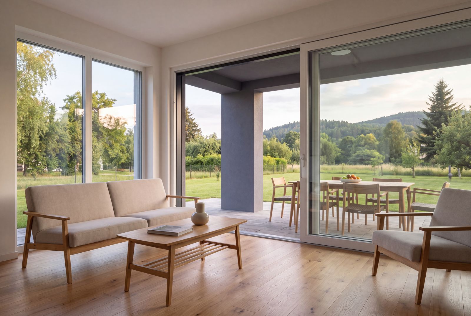 Seven Nova Classic 4, Blick aus dem Wohnraum auf Terrasse und Garten