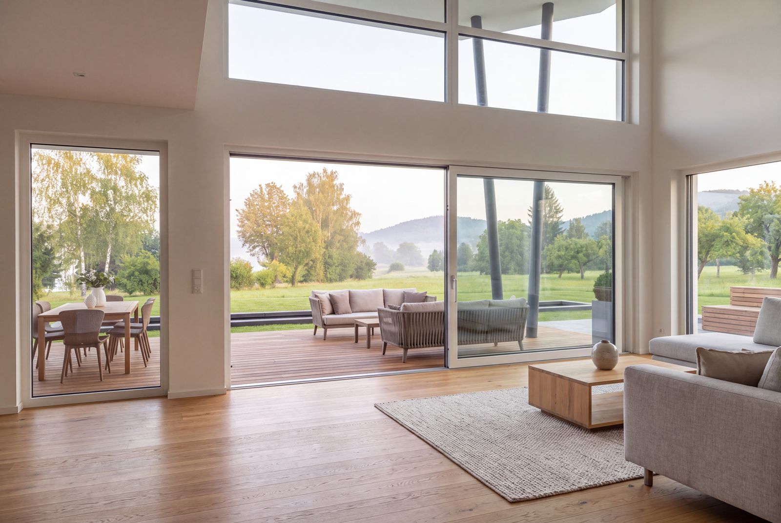 Seven Nova Signature 4, Blick aus dem Wohnraum auf Terrasse und Garten