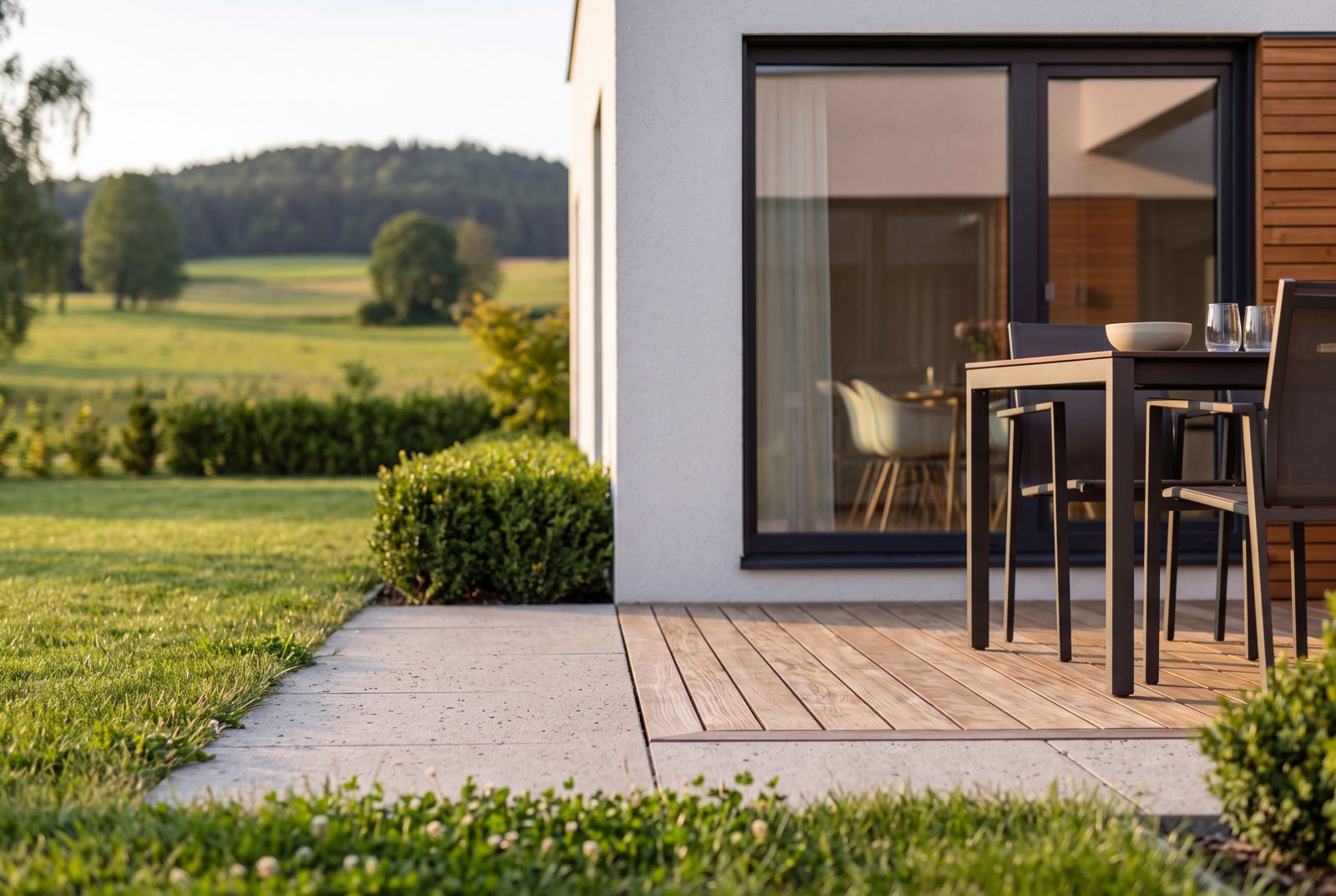 Seven Nova Signature 1, Terrasse und Fassadendetail vom Garten aus