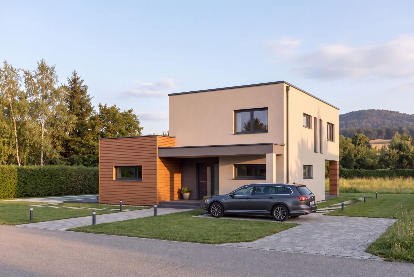 Seven Nova Element 1, Straßenseite mit Zufahrt und Eingang