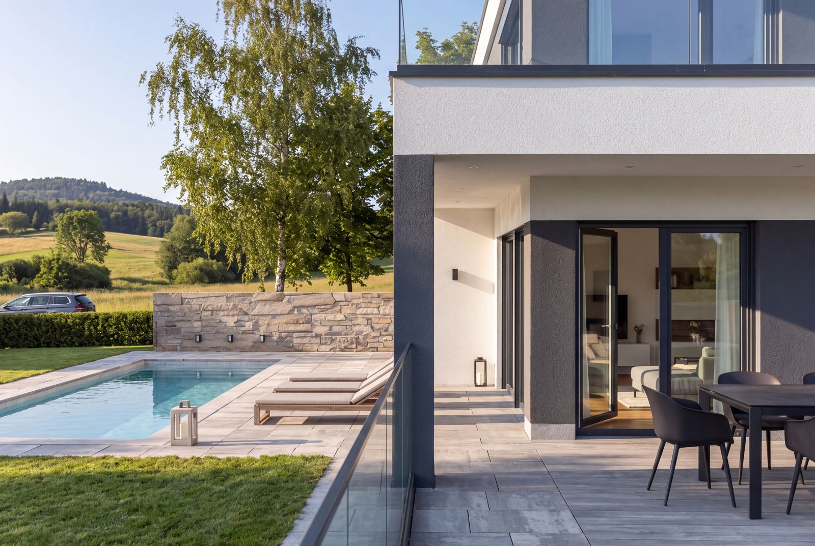 Seven Nova Signature 3, Terrasse und Fassadendetail vom Garten aus