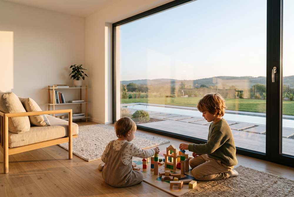 Kinder spielen im Wohnraum mit Blick in den Garten