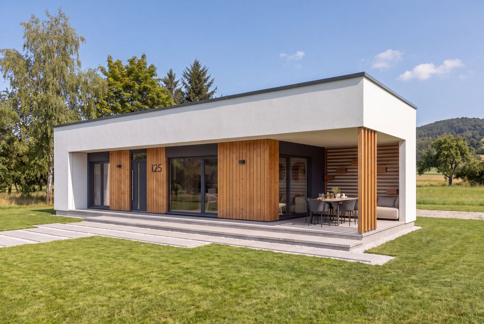 Seven Nova Element 2, Außenansicht bei Tageslicht, Gartenseite