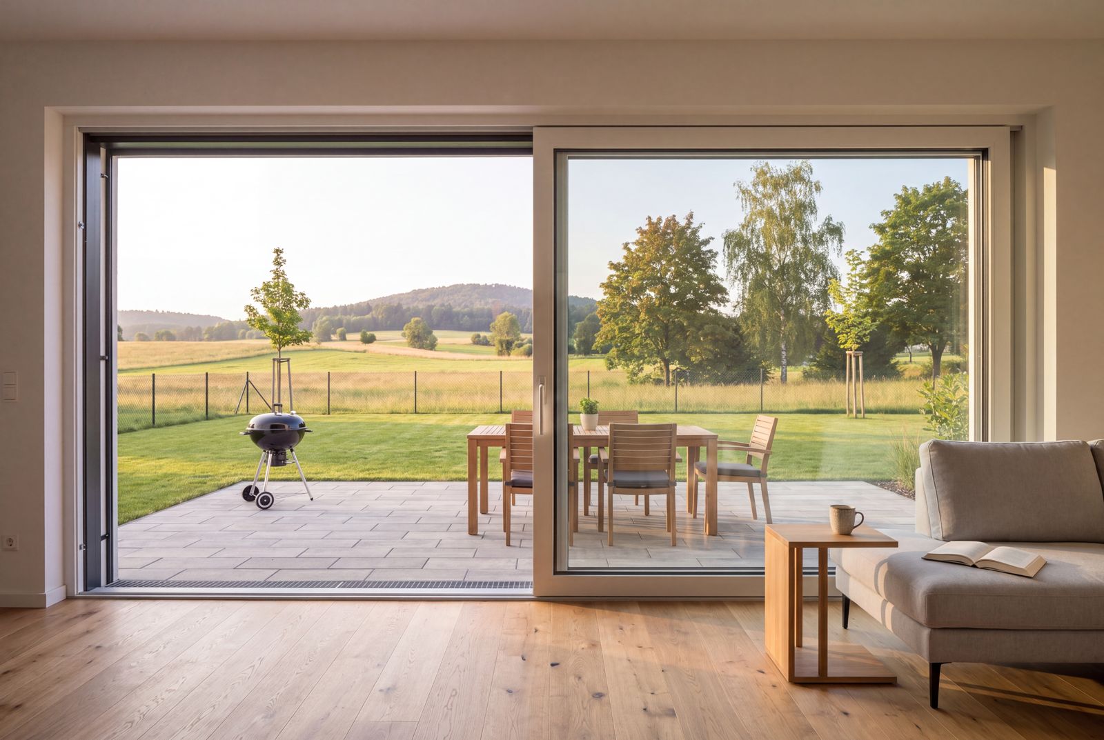 Seven Nova Classic 6, Blick aus dem Wohnraum auf Terrasse und Garten