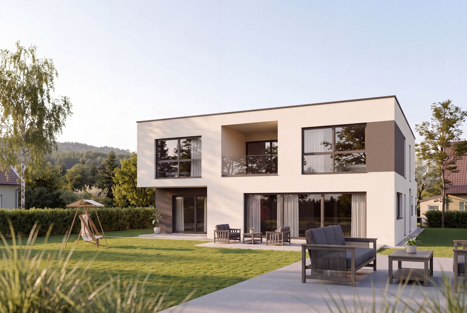 Seven Nova Classic 5, Terrasse und Fassadendetail vom Garten aus