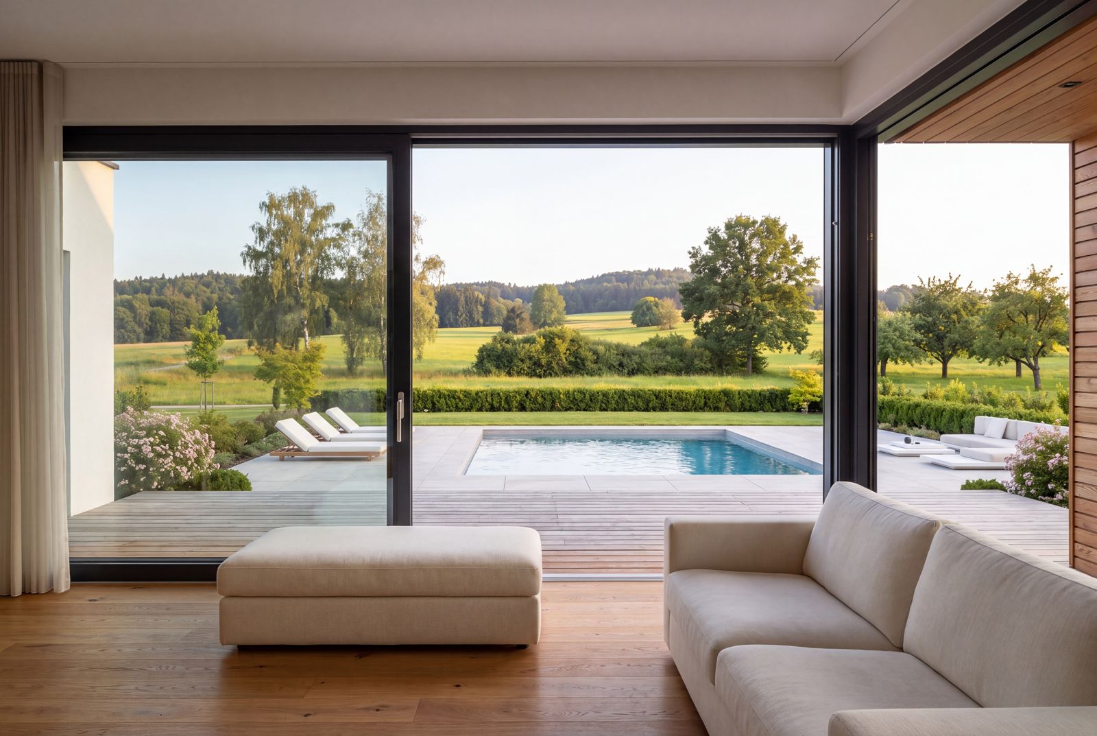 Seven Nova Signature 1, Blick aus dem Wohnraum auf Terrasse und Garten