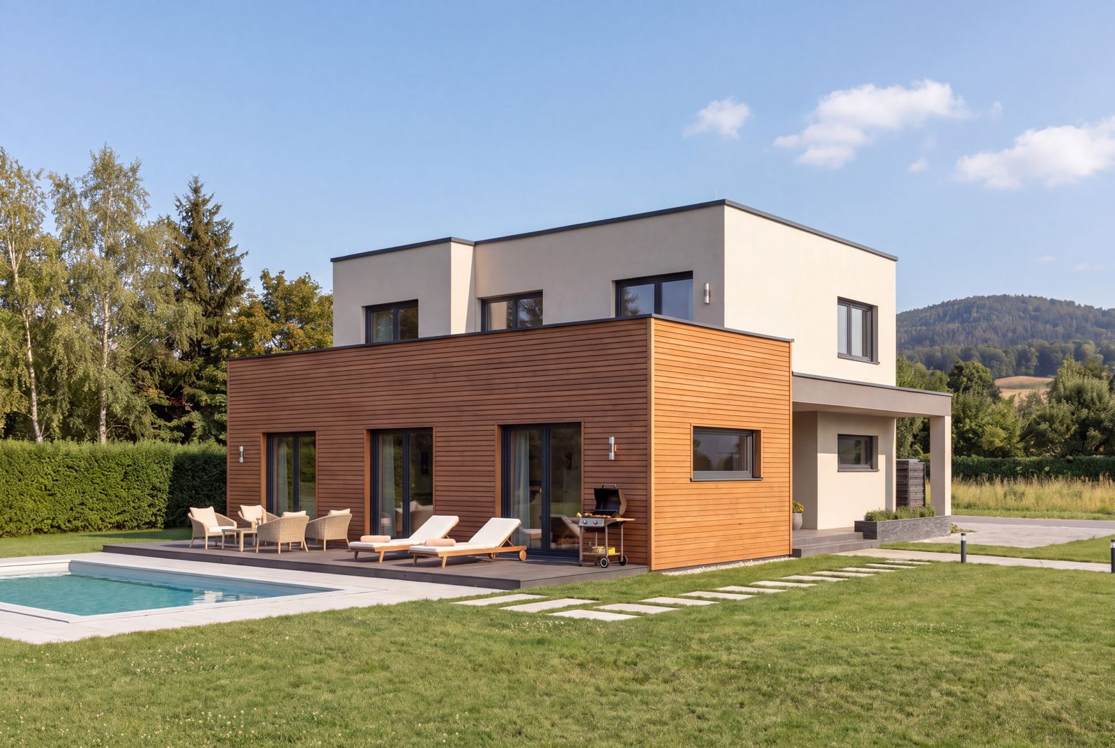 Seven Nova Element 1, Außenansicht bei Tageslicht, Gartenseite
