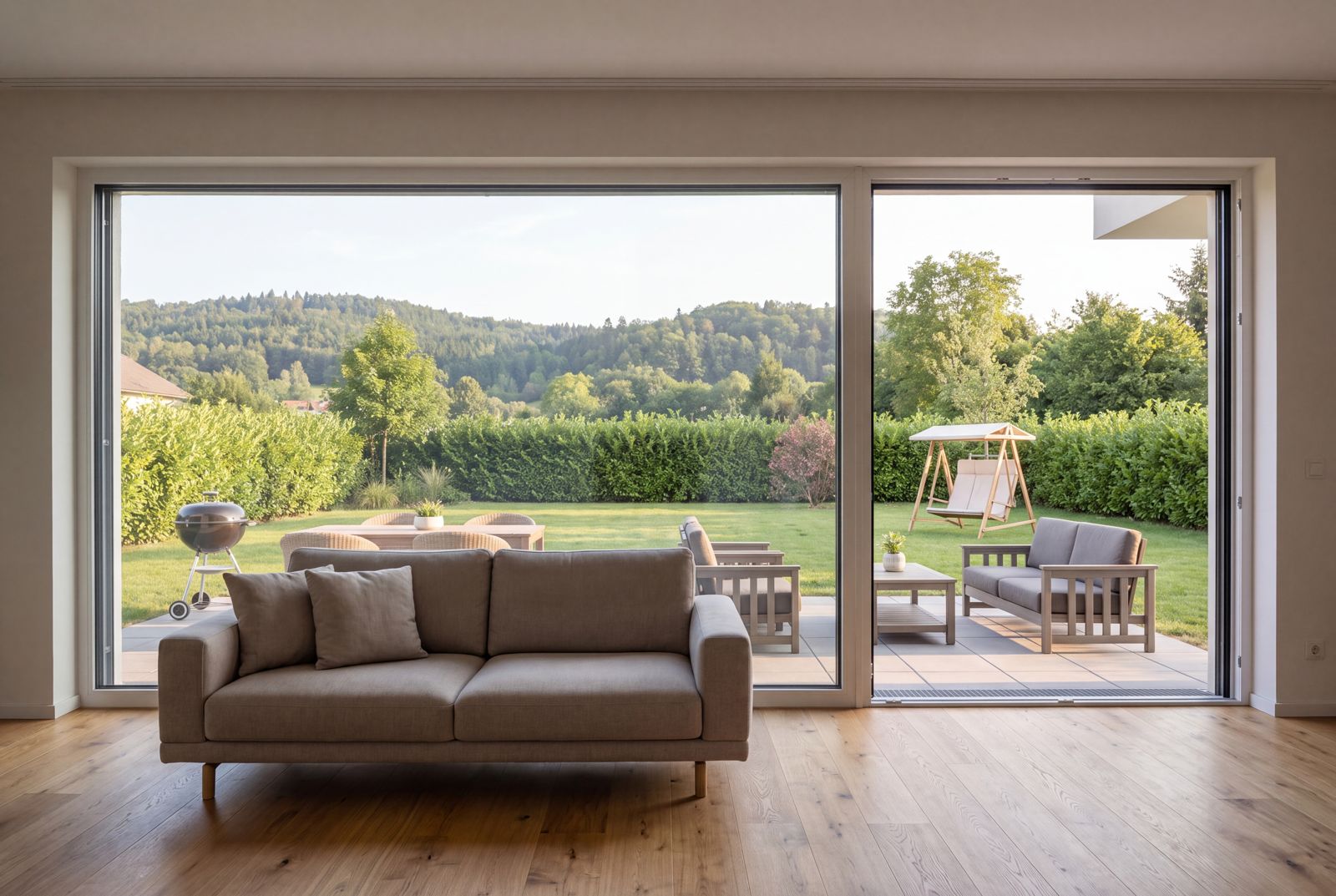 Seven Nova Classic 5, Blick aus dem Wohnraum auf Terrasse und Garten