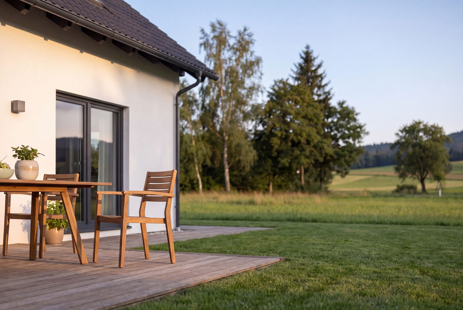 Seven Nova Classic 1, Terrasse und Fassadendetail vom Garten aus