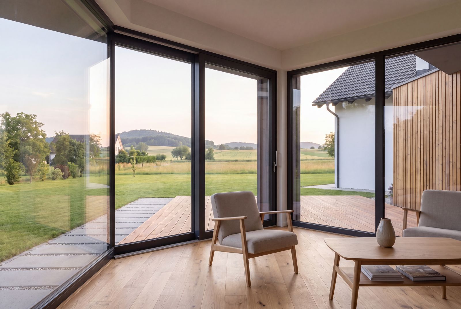 Seven Nova Classic 3, Blick aus dem Wohnraum auf Terrasse und Garten