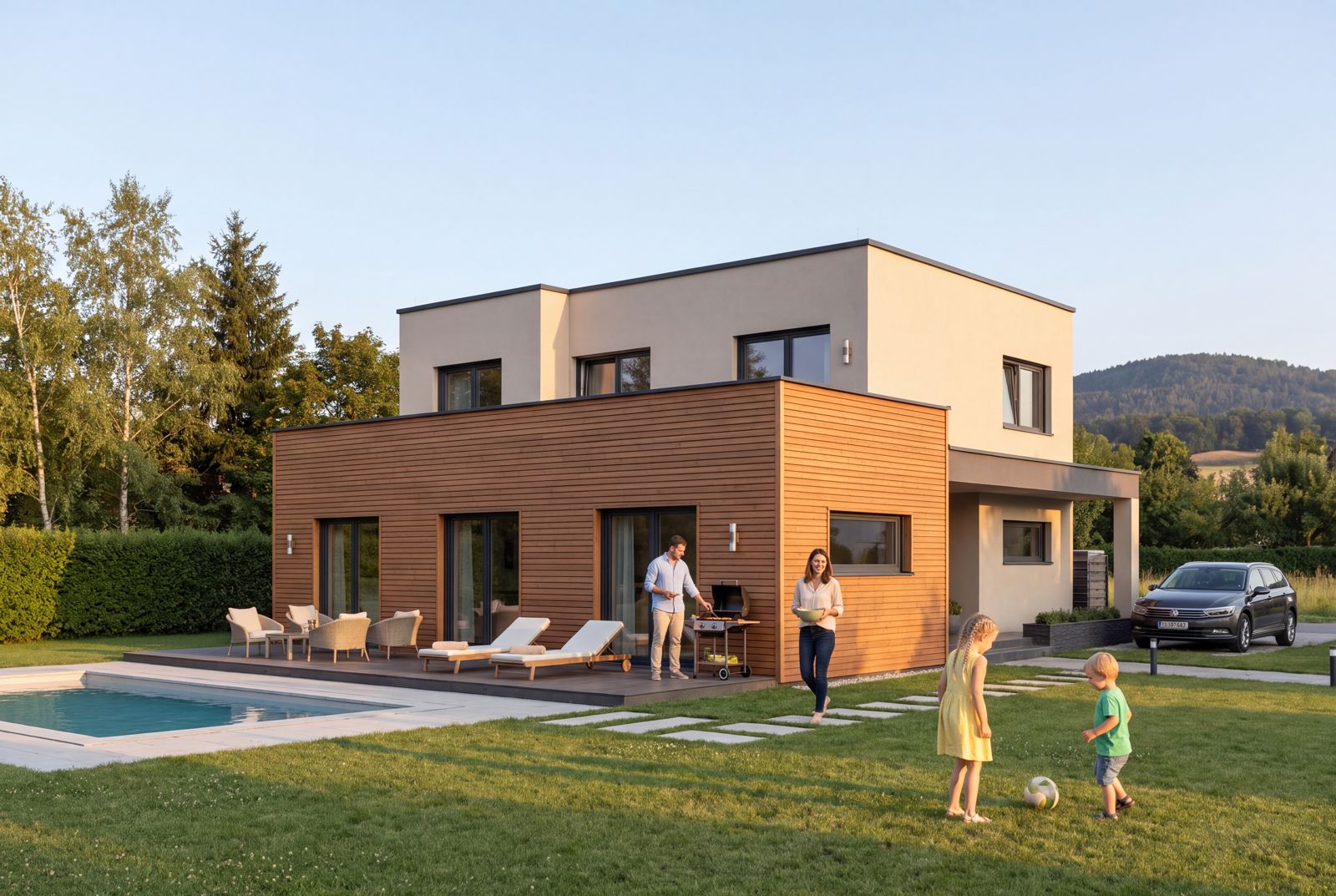 Seven Nova Element 1, Gartenseite am späten Nachmittag, mit Familie im Garten