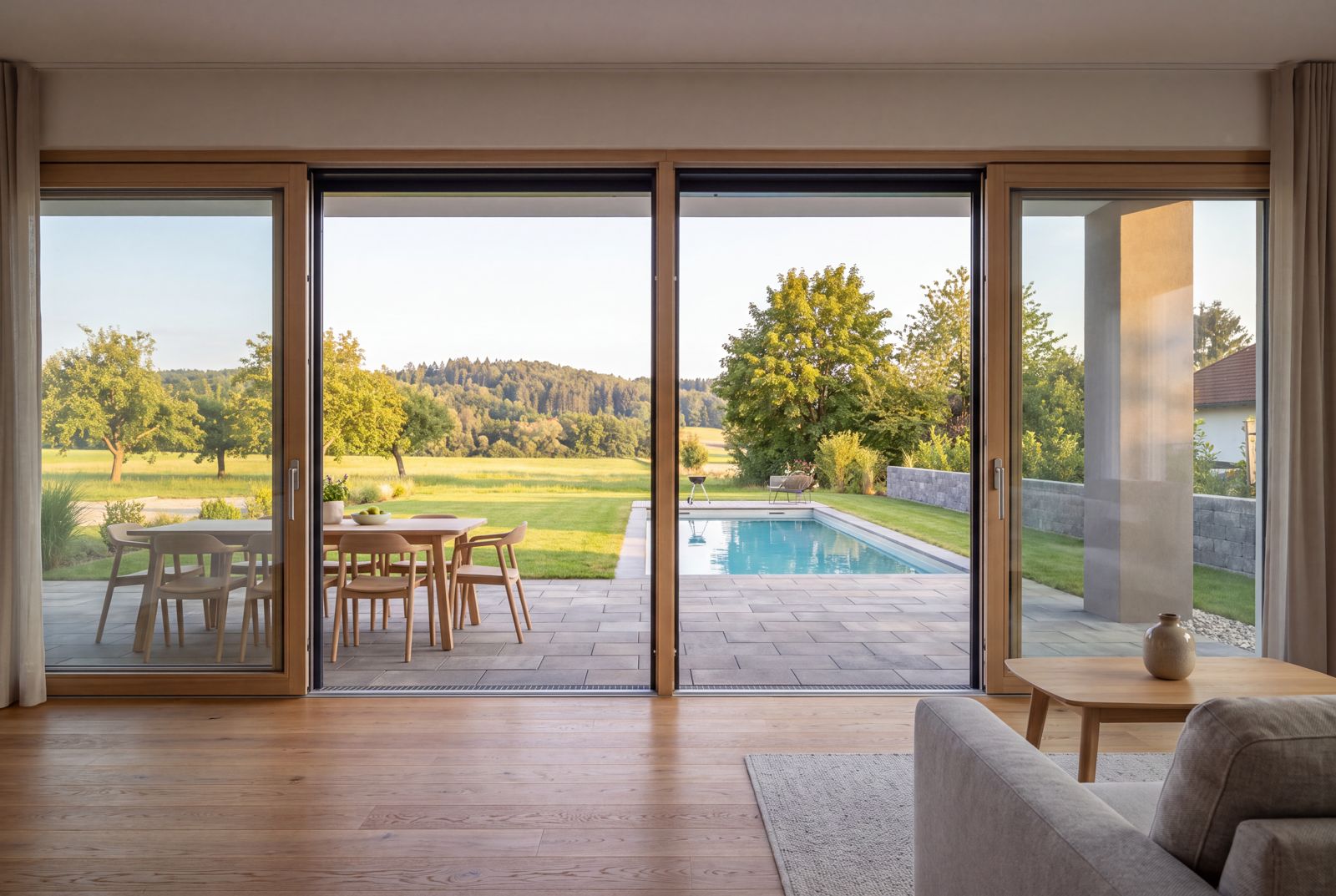 Seven Nova Signature 2, Blick aus dem Wohnraum auf Terrasse und Garten