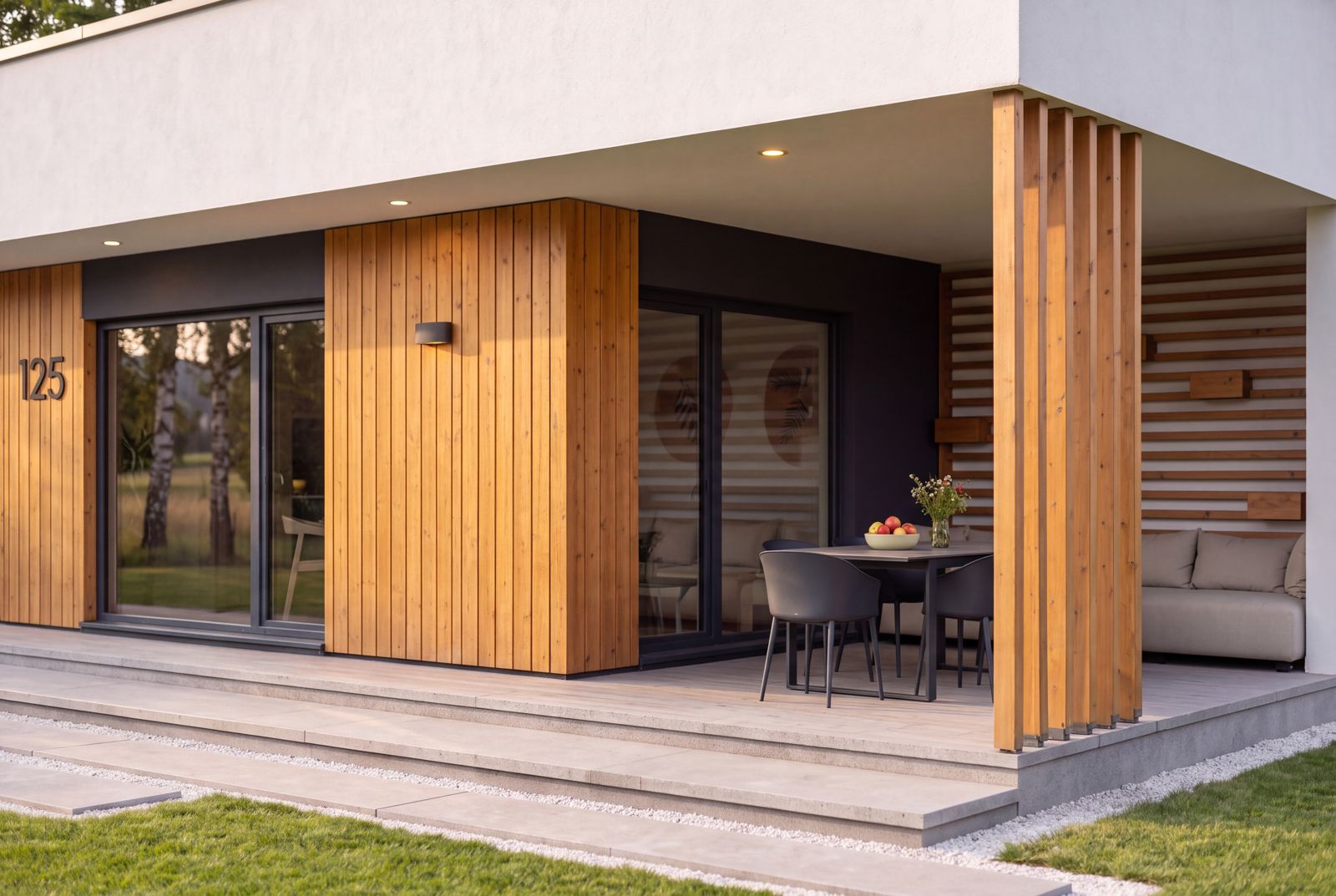 Seven Nova Element 2, Terrasse und Fassadendetail vom Garten aus